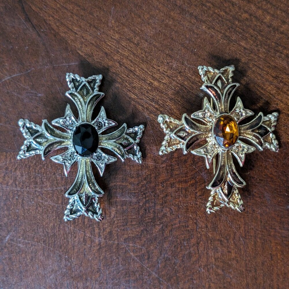 VINTAGE Pair of Monet CROSS Brooch Pin Statement Gold & Silver Tone 1.75 x 1.75